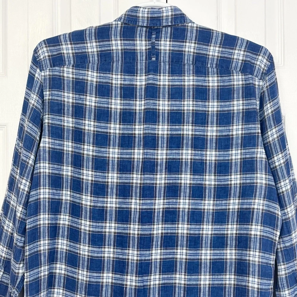 Banana Republic Blue Plaid 100% Linen Camden Standard Fit Shirt Large